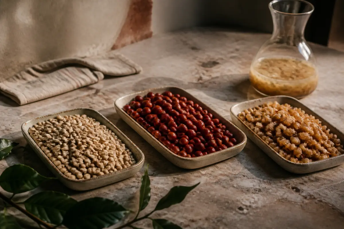 trzy tace pokazujące mytą, naturalną i honey obróbkę kawy